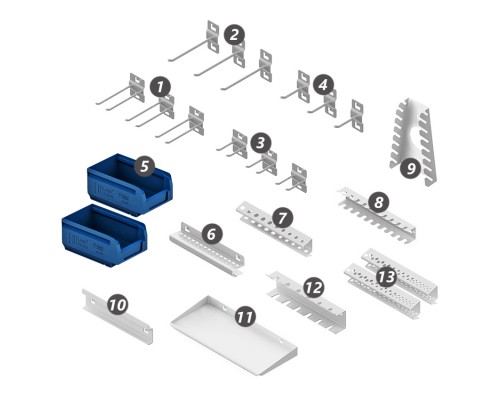 Навесные металлические аксессуары на перфопанель - 23 предмета